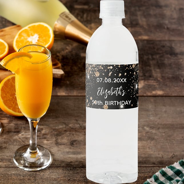 Birthday party black gold sparkles water bottle label (Creator Uploaded)