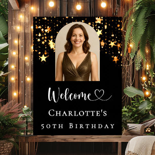 Birthday party black gold stars arch photo welcome poster