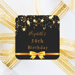 Birthday party black gold stars modern chic square sticker
