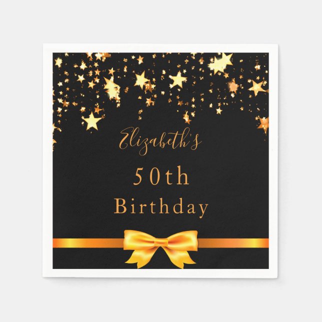 Birthday party black gold stars modern monogram napkin (Front)