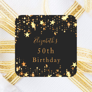 Birthday party black gold stars modern name square sticker