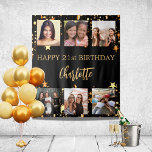 Birthday party black gold stars photo collage tapestry<br><div class="desc">A black background decorated with golden stars and 6 square photos.  Personalise and add the age and a name.  The name is written with a trendy hand lettered style script.</div>