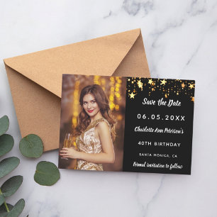 Birthday party black gold stars photo save the date