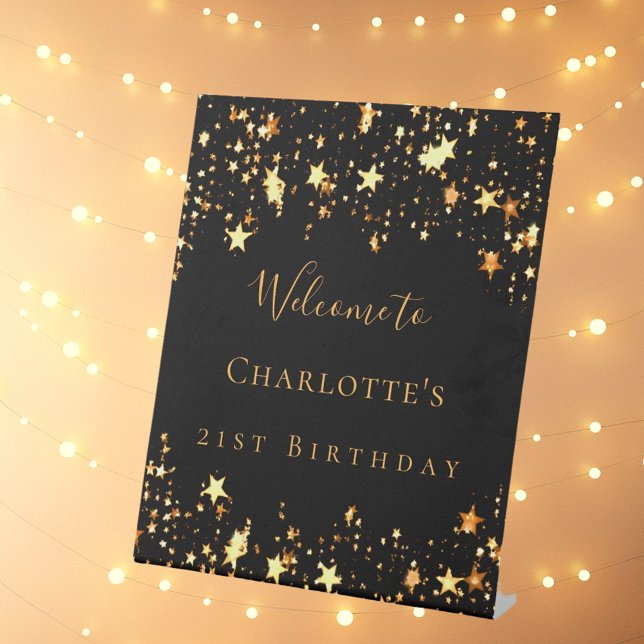 Birthday party black gold stars welcome pedestal sign (Creator Uploaded)