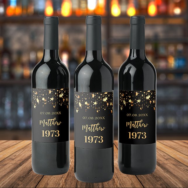 Birthday party black gold stars year born wine label (Creator Uploaded)