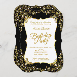 Birthday party black Gold White Pearls Invitation