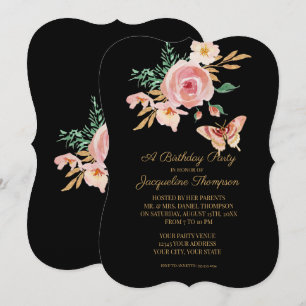 Birthday Party Black n Blush Butterfly w Flowers Invitation