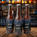 Birthday party black navy blue confetti name years beer bottle label<br><div class="desc">A beer label for a 50th (or any age) birthday party.  A black background with blue confetti. Personalise and add birth year,  name and age. The name is written with an elegant hand lettered style script.</div>