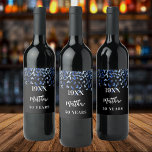Birthday party black navy blue confetti name years wine label<br><div class="desc">A wine label for a 50th (or any age) birthday party.  A black background with blue confetti. Personalise and add birth year,  name and age. The name is written with an elegant hand lettered style script.</div>