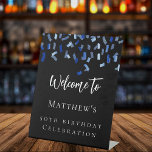 Birthday party black navy blue welcome pedestal sign<br><div class="desc">For a 50th (or any age) birthday party.  Black background,  white text.  Decorated with blue confetti.  Personalise and add a name and age.</div>