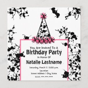 Birthday Party - Black Paint Splatter Party Hat Invitation