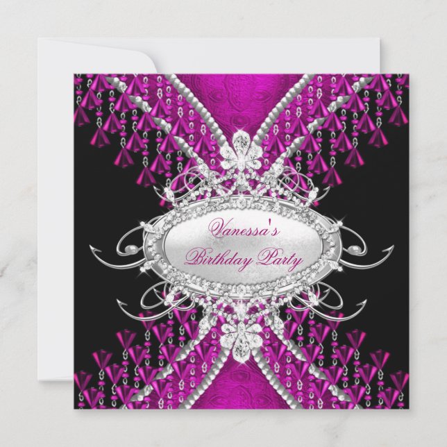 Birthday Party Black Pink Plum Diamond Beads Invitation (Front)