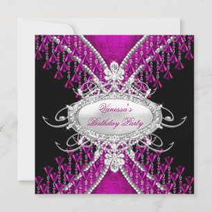 Birthday Party Black Pink Plum Diamond Beads Invitation