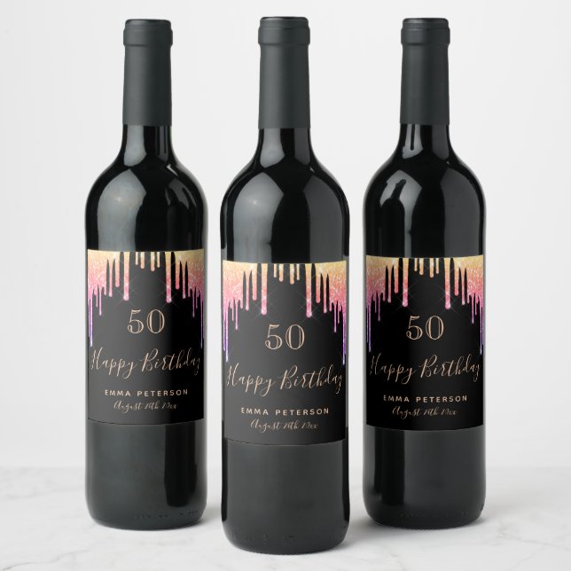 Birthday party black pink purple gold glitter wine label (Bottles)