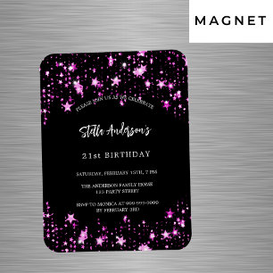Birthday party black pink stars luxury invitation magnet
