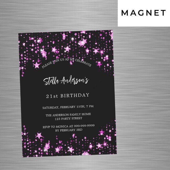 Birthday party black pink stars luxury magnetic invitation (Creator Uploaded)