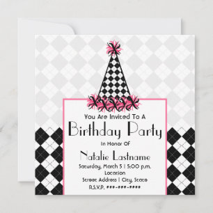 Birthday Party Black & Pink with Argyle Party Hat Invitation