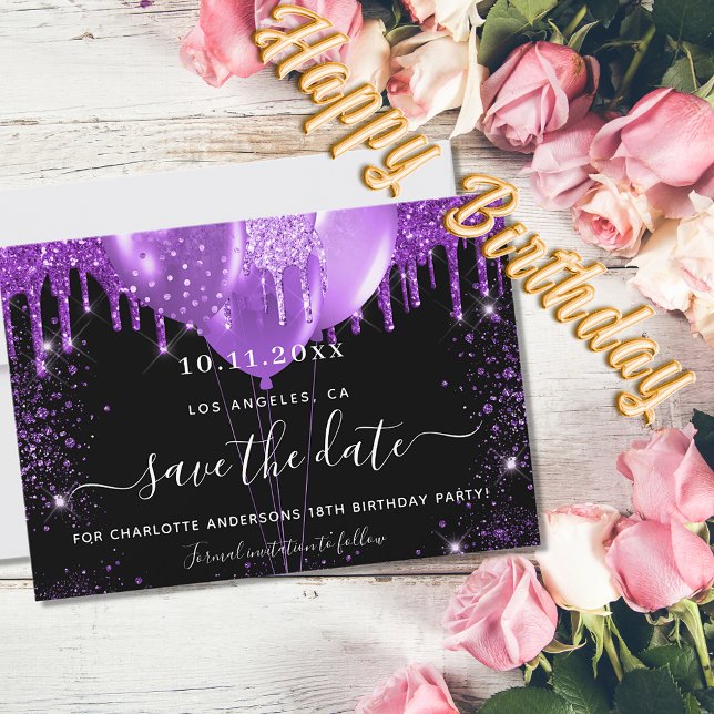 Birthday party black purple balloons save the date (Creator Uploaded)
