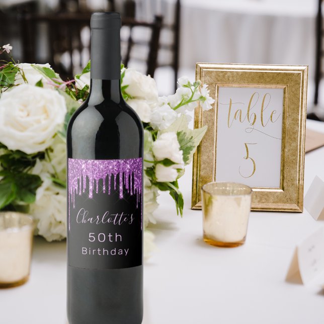 Birthday party black purple glitter drip pink glam wine label (Creator Uploaded)