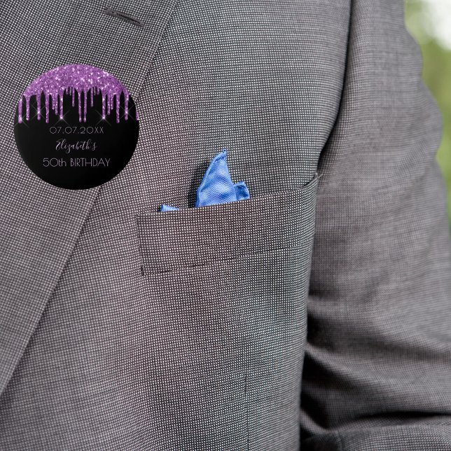 Birthday party black purple glitter drips monogram 3 cm round badge (Creator Uploaded)