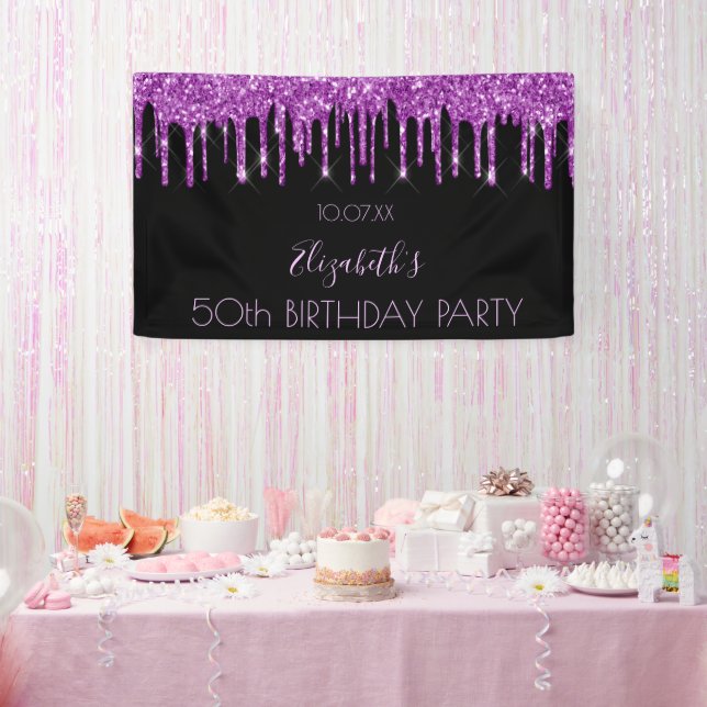 Birthday party black purple glitter glamourous banner (Party)