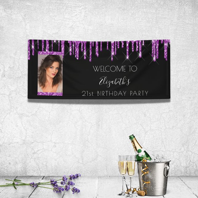 Birthday party black purple glitter photo welcome banner (Creator Uploaded)