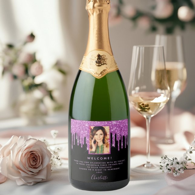 Birthday party black purple glitter photo welcome sparkling wine label (Creator Uploaded)