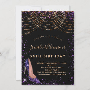 Birthday party black purple gold glitter dust invitation