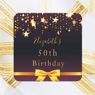 Birthday party black purple gold stars modern square sticker