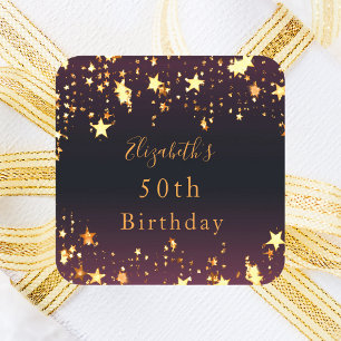 Birthday party black purple gold stars square sticker