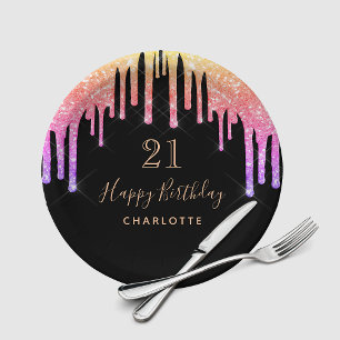 Birthday party black rainbow glitter pink sparkle paper plate