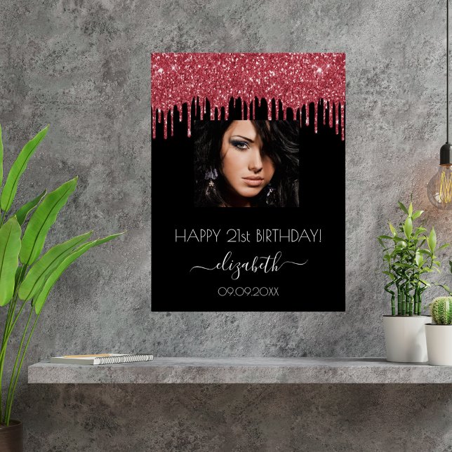 Birthday party black red glitter drips photo  poster (Creator Uploaded)