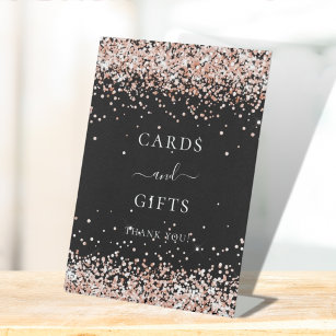 Birthday party black rose gold cards gifts pedestal sign