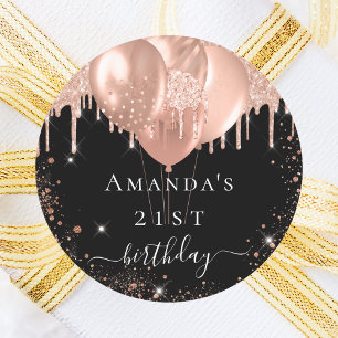 Birthday party black rose gold glitter balloons classic round sticker