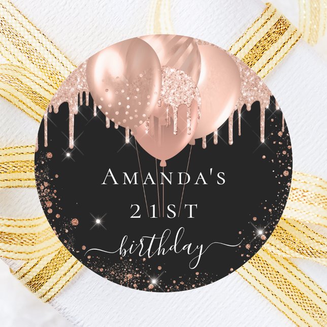 Birthday party black rose gold glitter balloons classic round sticker (Creator Uploaded)