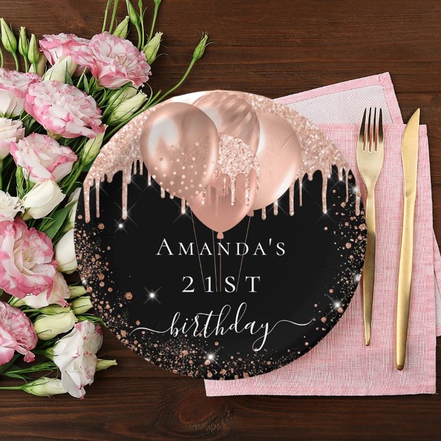 Birthday party black rose gold glitter balloons paper plate (Creator Uploaded)