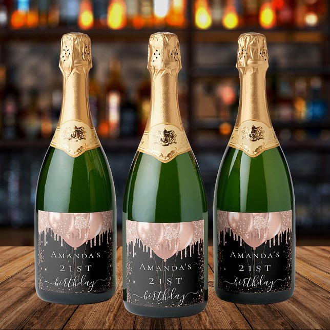 Birthday party black rose gold glitter balloons sparkling wine label (Creator Uploaded)