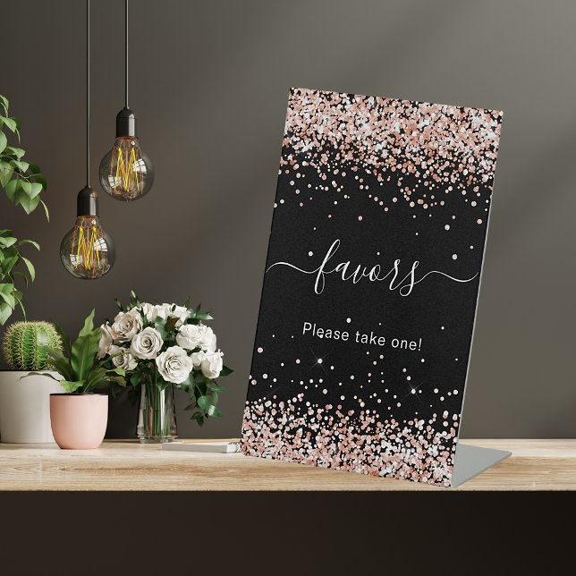 Birthday party black rose gold glitter guest favou pedestal sign (Creator Uploaded)