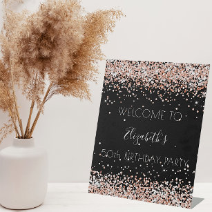 Birthday party black rose gold glitter welcome pedestal sign