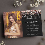 Birthday party black rose gold sparkles photo save the date<br><div class="desc">A photo Save the date for a 40th (or any age) birthday
On front: Add a vertical size photo. A black background colour,  decorated with rose gold faux glitter,  sparkles. Personalise and add a name and details.</div>