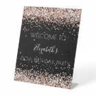 Birthday party black rose gold welcome