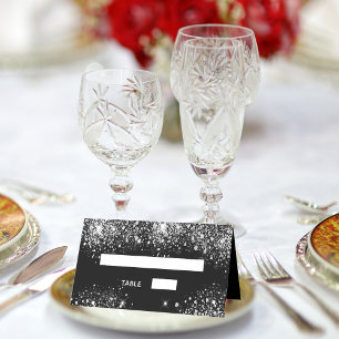Birthday party black silver glitter dust place card