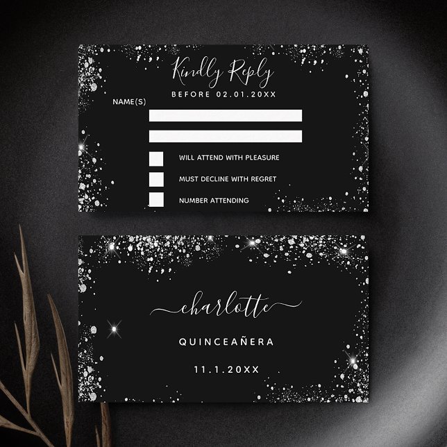 Birthday party black silver glitter RSVP Enclosure Card (Creator Uploaded)