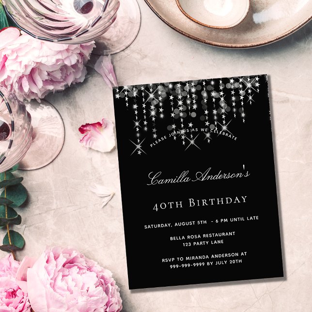 Birthday party black silver star budget invitation flyer (Creator Uploaded)