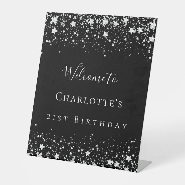 Birthday party black silver stars welcome pedestal sign (Front)