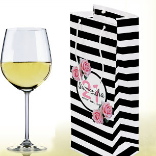 Birthday party black stripes pink florals name wine gift bag