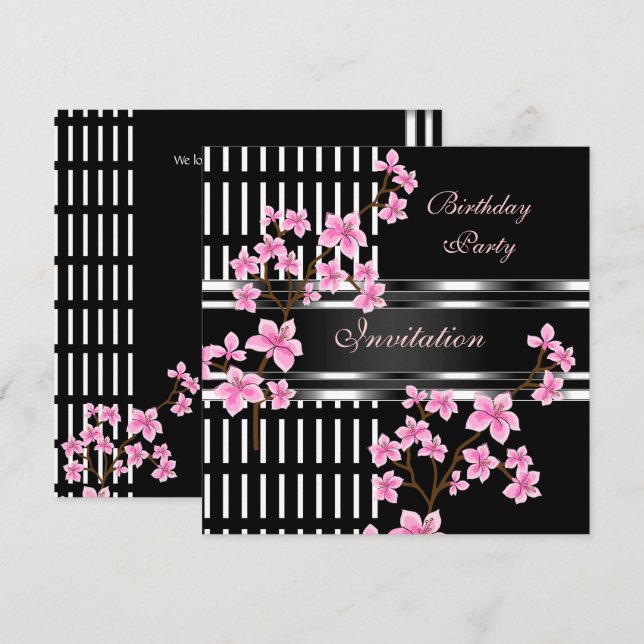 Birthday Party Black White Asian Pink Blossom Invitation (Front/Back)