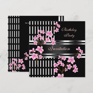 Birthday Party Black White Asian Pink Blossom Invitation