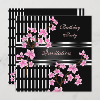 Birthday Party Black White Asian Pink Blossom Invitation
