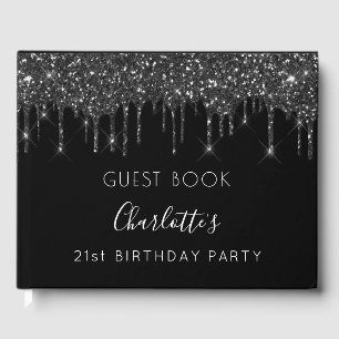 Birthday party black white glitter monogram guest book